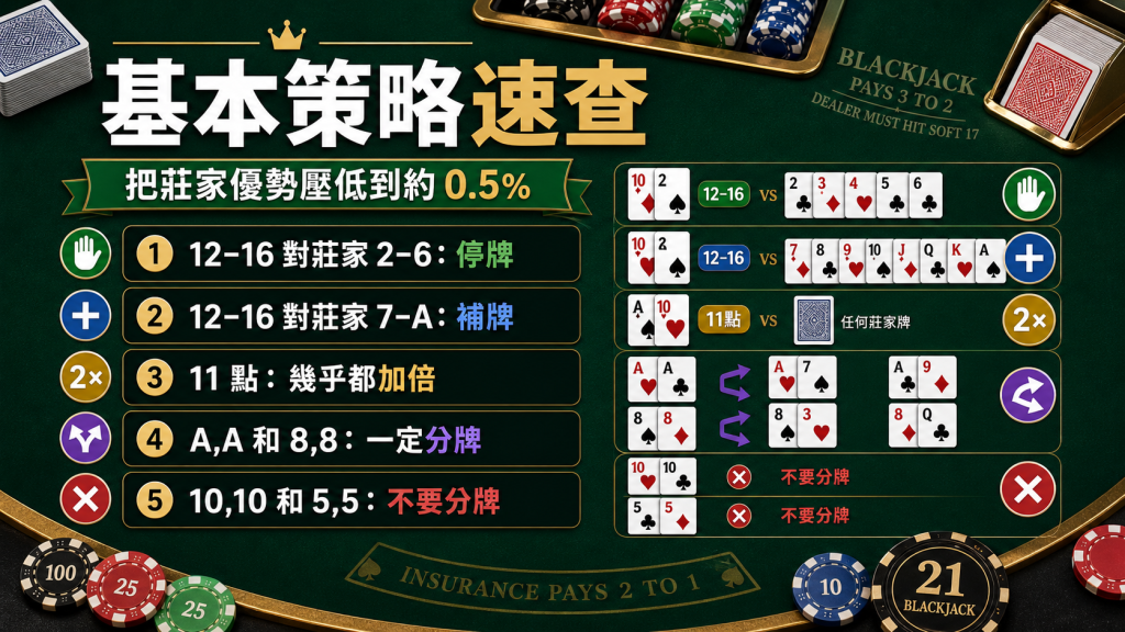 21點基本策略速查圖,整理停牌、補牌、加倍與分牌重點
